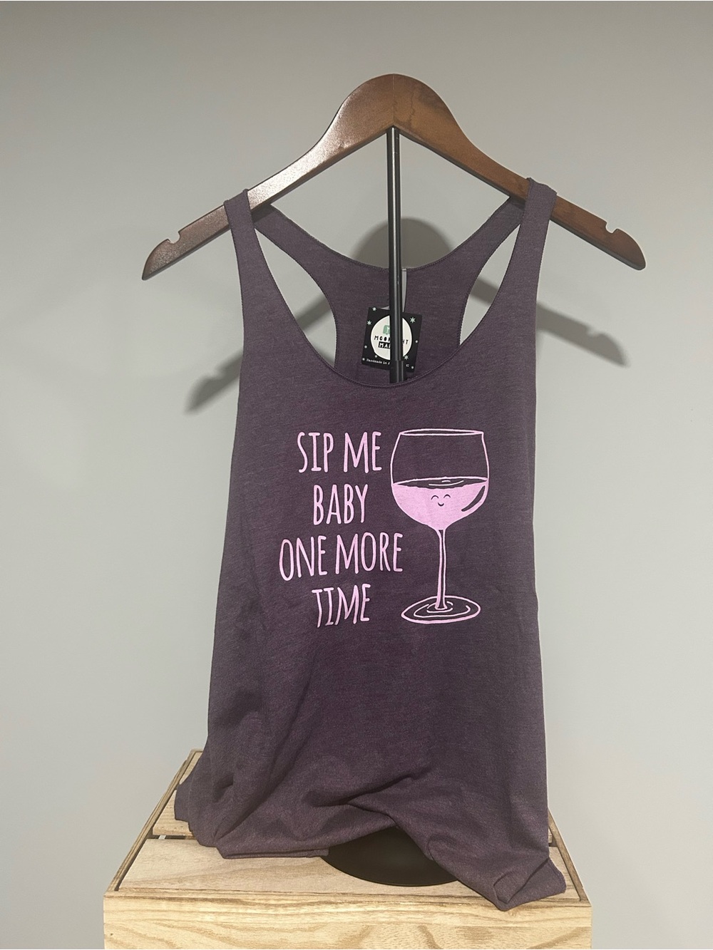 NWT Graphic Racerback Tank “SIP ME BABY ONE MORE TIME”with Pink Wine Glass Print